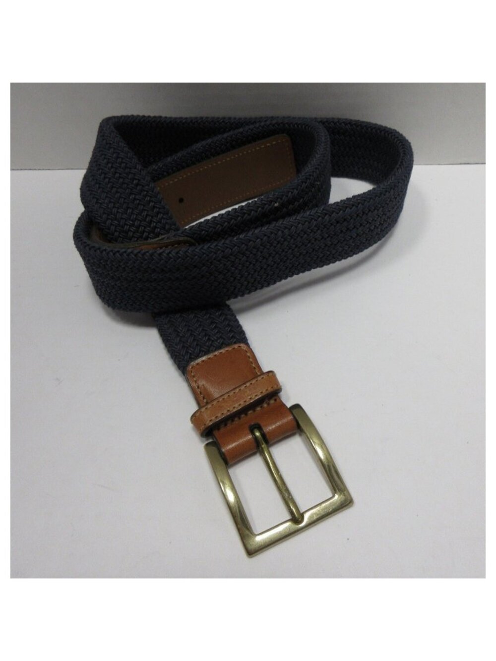 VINTAGE Trafalgar Belt 42 Navy Leather Braided Woven Solid Brass NEW